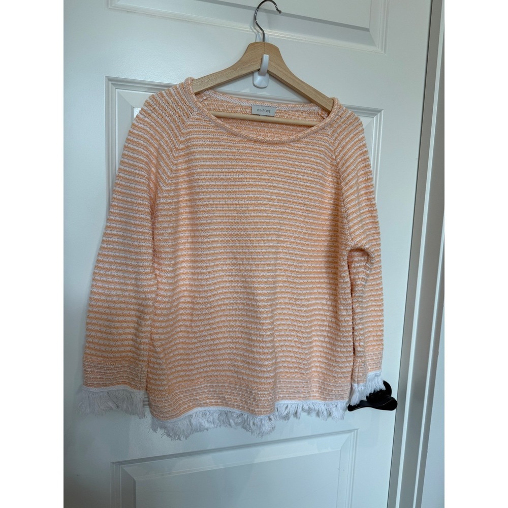 Kinross Women Orange White Striped Fringe Trim Cotton Knit Sweater Large L/G